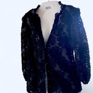 Black Sheer Lace Ruffle Trim Blouse with Long Sleeve S